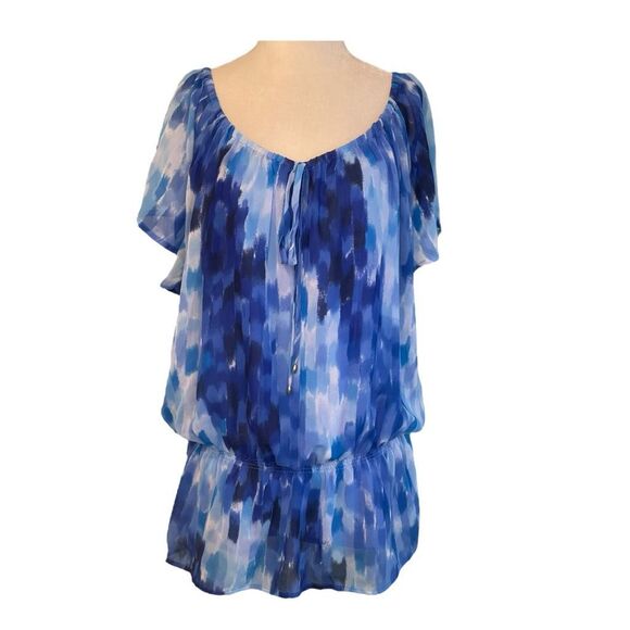 Calvin Klein Watercolor Peplum Blouse Blue White Chiffon Short Sleeve Lined XL - Picture 1 of 6